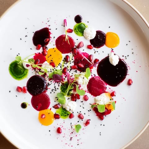 The Pointillism Dot Matrix features vivid vegetable purees, yogurt, and crème fraîche artfully arranged on each plate.