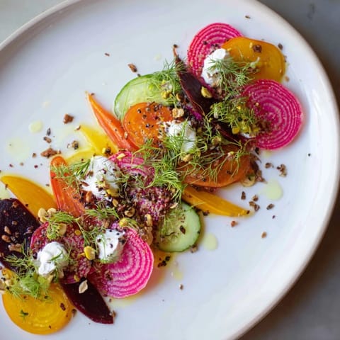 A stunning visual of the Kinetic Motion Blur, a modern veggie appetizer with nutty garnish and microgreens.