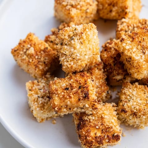 Warm, flavorful Popcorn Tofu Bites appear, coated in a seasoned breading, ready to enjoy as a snack.