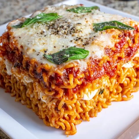 Golden-topped Ramen Lasagna, a budget-friendly delight, baked until bubbly and irresistibly cheesy.