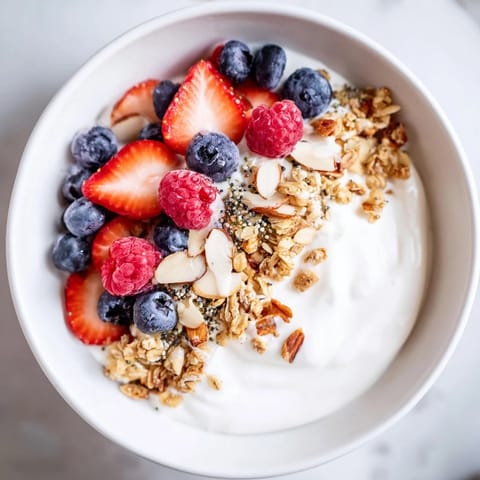 Enjoy a colorful, healthy dry yogurt bowl with fresh fruit and a boost of protein powder.
