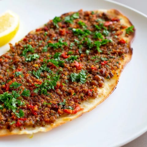 A close-up of golden brown Turkish Lahmacun filled with a flavorful spiced meat mixture and fresh herbs.