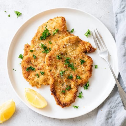 A close-up of Crispy Parmesan Chicken Cutlet showcasing the crunchy panko and golden Parmesan crust over tender, juicy chicken.