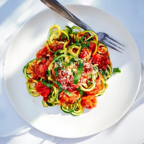 Zucchini noodles tossed in creamy avocado pesto, topped with toasted pine nuts and a bright lemon finish.  