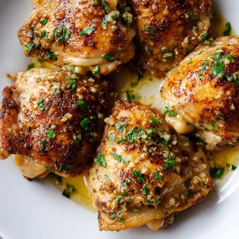 Close-up of Garlic Butter Chicken Thighs in a cast iron skillet, glistening with herb-infused butter and aromatic garlic cloves.
