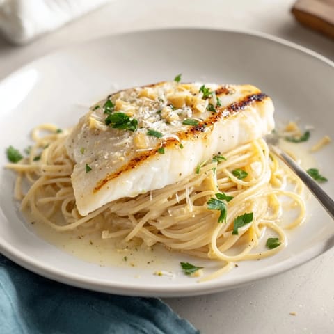 A close-up of tender white fish flaking easily beside al dente pasta tossed in a glossy, zesty lemon-butter sauce.