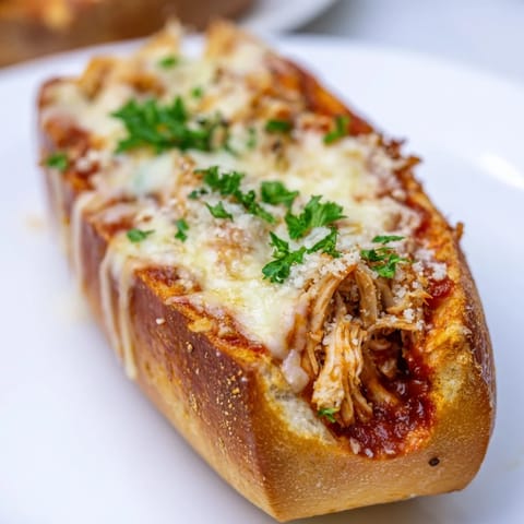Savory Chicken Parm Stuffed Garlic Bread on a baking sheet, topped with Parmesan and fresh parsley garnish.