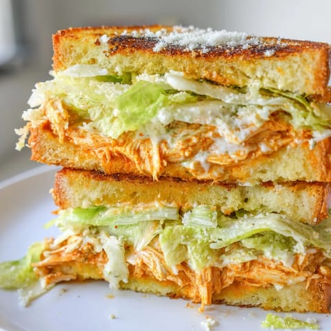 Golden-brown Buffalo Chicken Caesar Grilled Cheese slices revealing layers of spicy chicken, romaine, and creamy dressing.  