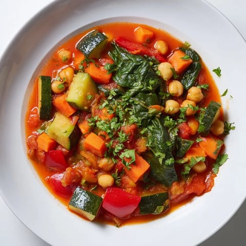 A hearty bowl of Spicy Chickpea Stew garnished with fresh cilantro, served alongside a wedge of lemon and crusty bread.