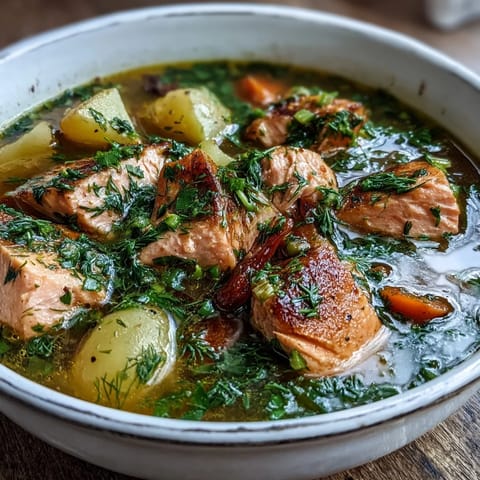 Finnish Salmon Soup simmering with potatoes, carrots, and leeks, finished with a swirl of cream and a garnish of dill.  
