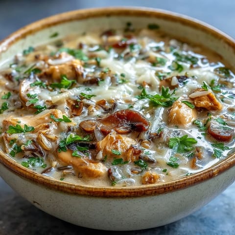 A warm bowl of Parmesan Mushroom Chicken and Wild Rice Soup garnished with fresh parsley and extra cheese.