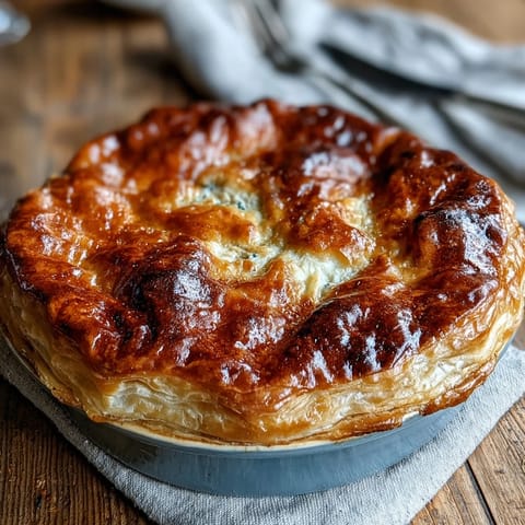Freshly baked Chicken and Leek Pie with golden puff pastry, smoky bacon, and creamy chicken filling served in a rustic dish.