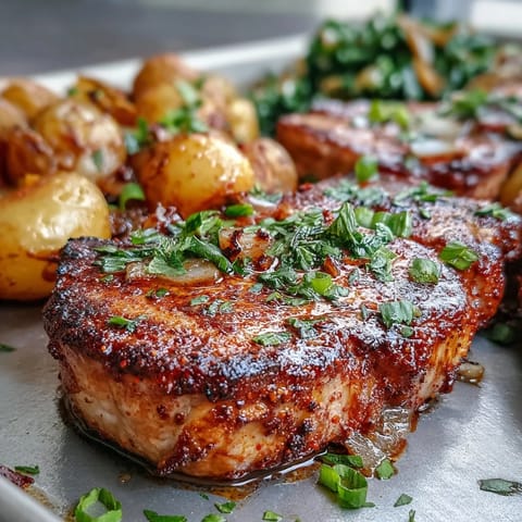 Golden-brown Aleppo Pork Chops roasted with potatoes and vibrant kale, served with lemon zest.
