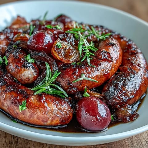 Roasted Sausage and Grapes bake with deeply browned sausages and jammy, blistered grapes in a rustic pan.