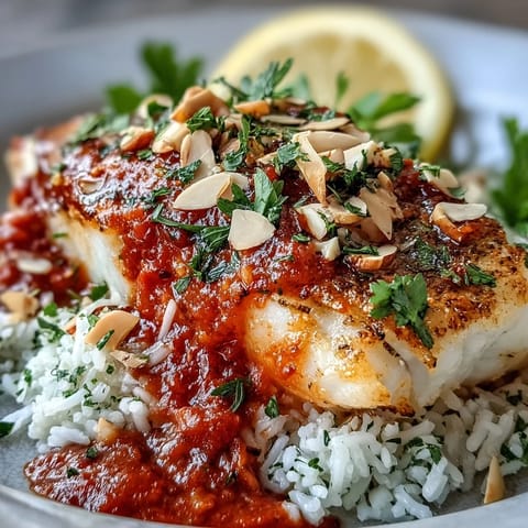Colorful tomato sauce pooled under golden fish fillets, topped with crunchy, warmly spiced almond pieces, served steaming hot in a rustic ceramic dish.