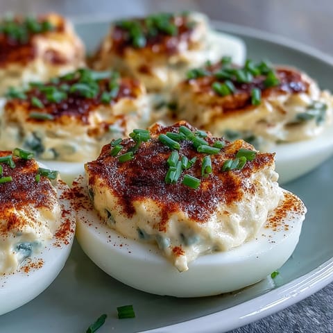 Freshly prepared Million Dollar Deviled Eggs with a tangy filling of cream cheese and Dijon, perfect for a picnic or party platter.