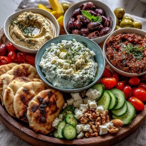 Colorful Mediterranean Brunch Board with Dips and Flatbreads offers crumbled feta, briny olives, and crunchy nuts arranged for easy sharing at brunch.