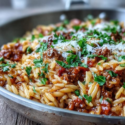 A single serving of Comforting Ground Beef Orzo Dinner, featuring juicy ground beef, tender orzo, and sweet bell peppers in rich tomato broth.