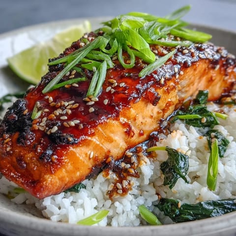 A fresh lime wedge sits beside a glazed salmon fillet atop rice and spinach, creating a bright dinner bowl.