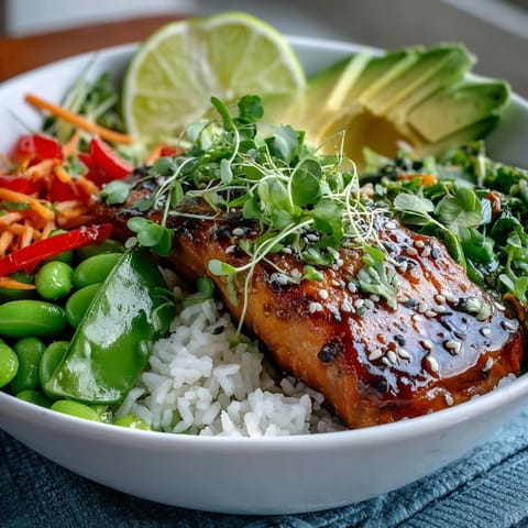 Steamed rice and crisp vegetables topped with glazed Soy Ginger Salmon Bowl, finished with avocado.