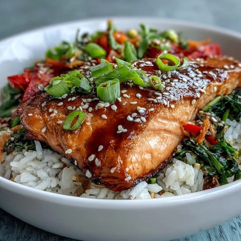 Golden-brown teriyaki salmon fillets glazed in glossy sauce rest on fluffy white rice with crisp stir-fried vegetables.