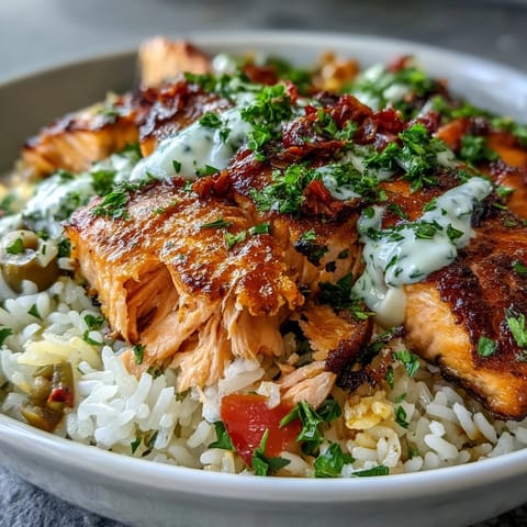 Golden crispy rice supports flaky pan-seared salmon topped with Mediterranean vegetables and lemon-yogurt drizzle.