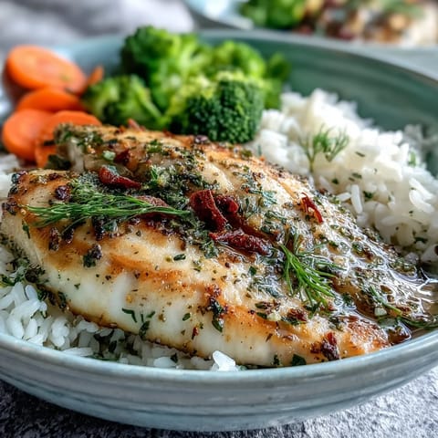 Freshly baked tilapia bowl with fluffly rice, steamed broccoli, and roasted carrots on a white plate.
