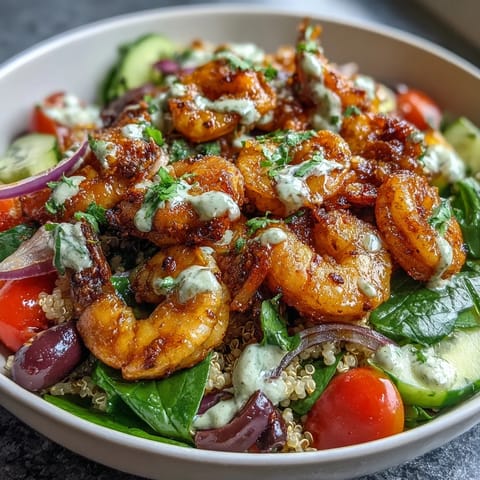 Golden seared shrimp over a Mediterranean bowl with cucumbers, tomatoes, olives, and lemon.