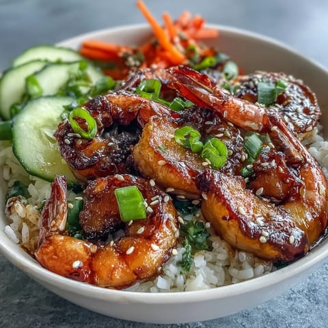Vibrant Asian Shrimp Bowl with juicy grilled shrimp, crisp cucumber, carrots, and edamame over fluffy jasmine rice.