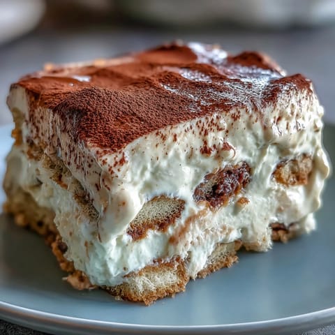 Hojicha Tiramisu layered with toasted tea-soaked ladyfingers and creamy mascarpone, dusted with cocoa.