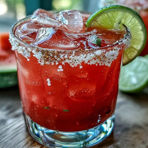 Chilled guava margarita in a salt-rimmed glass garnished with a fresh lime wedge.