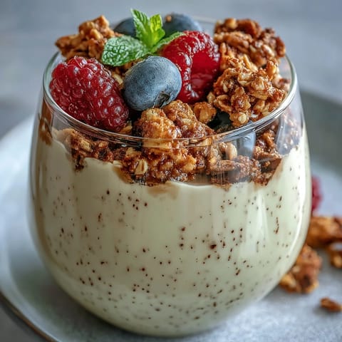 A glass of layered Hojicha Panna Cotta Parfait featuring creamy roasted tea custard, fresh red berries, and crunchy granola clusters.