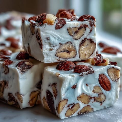 Freshly cut Hojicha Nougat squares showcase roasted almond and pistachio pieces in a golden, whipped confection.