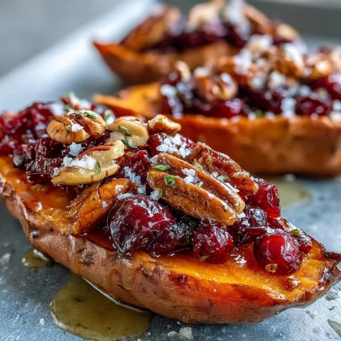 Warm Cranberry Apple Twice Baked Sweet Potatoes are garnished with sliced almonds and drizzled with maple syrup, ready to serve for a cozy holiday meal.