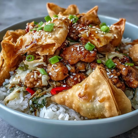 A close-up of Crispy Baked Egg Roll Chicken Bowls featuring savory ground chicken, vibrant cabbage, and fresh green onion garnish.