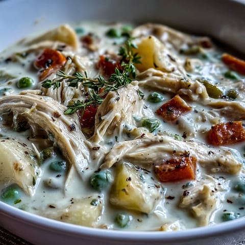 A rich, creamy soup with tender shredded rotisserie chicken and colorful vegetables for a comforting meal.