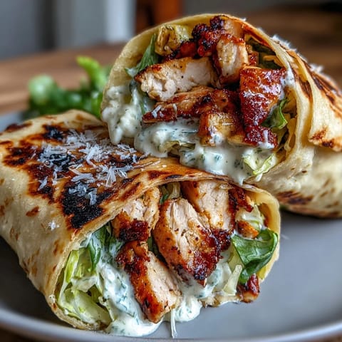 Hearty Garlic Naan Grilled Chicken Caesar Wraps are served warm with crisp romaine and a drizzle of tangy Caesar dressing.