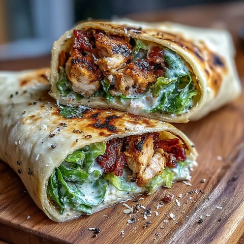 Warm, garlicky naan cradles tender grilled chicken and creamy Caesar salad for an easy weeknight meal.