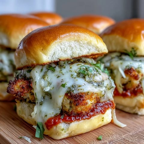 Warm Pesto Chicken Parmesan Sliders stacked on a party tray, drizzled with rich red marinara sauce.