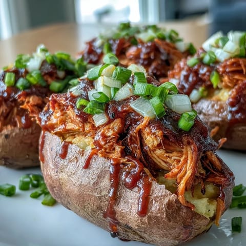 Golden honey BBQ chicken stuffed sweet potatoes are topped with fresh cilantro, red onion, and melted cheddar cheese on a rustic wooden board.