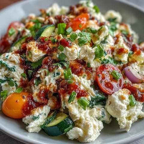 Light and healthy egg white veggie scramble with colorful vegetables, perfectly seasoned, and finished with a bright, tangy salsa topping.