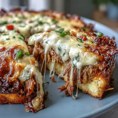 Layers of melted provolone and mozzarella top savory beef, sautéed veggies, and cauliflower rice in this keto casserole.  