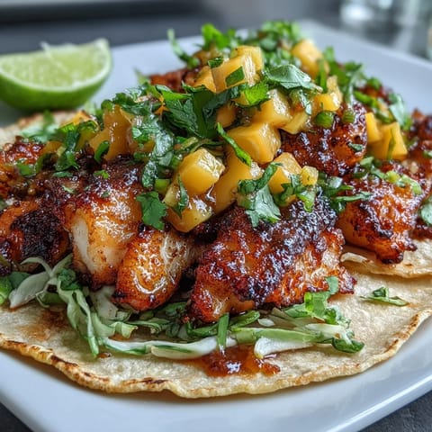 Healthy tilapia fillets seasoned with spices, pan-seared, and topped with zesty mango salsa in warm corn tortillas.  