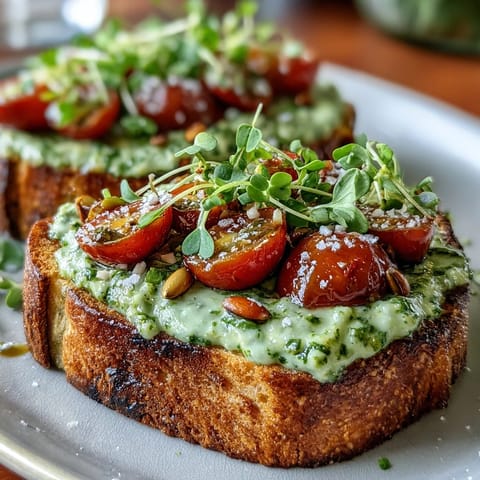 Rustic sourdough topped with vibrant avocado pesto, sweet cherry tomatoes, and delicate microgreens for a nourishing breakfast.  