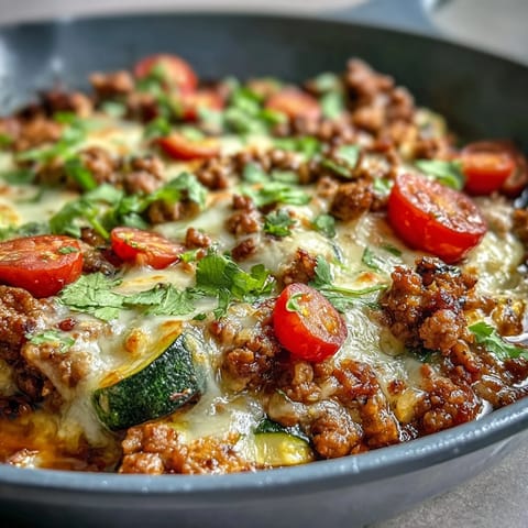 Healthy turkey taco zucchini skillet with lean ground turkey, diced vegetables, and smoky spices for a light summer dinner.  