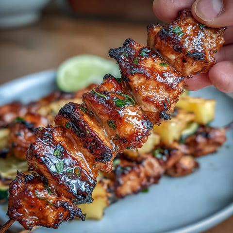 Tender honey-lime chicken, fresh zucchini, and sweet pineapple grilled on skewers for a vibrant, flavor-packed dish.  