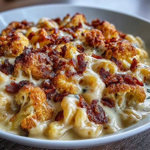 A low-carb twist on classic mac and cheese, featuring golden roasted cauliflower and smoky bacon topping.  