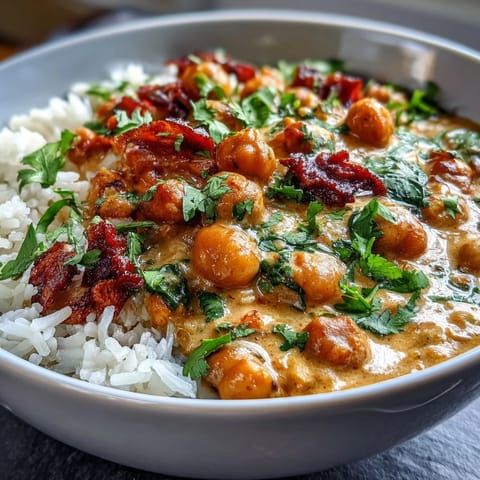 A colorful bowl of mango coconut chickpea curry served over fluffy rice, bursting with sweet mango and creamy coconut flavors.