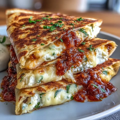 Crispy flour tortillas sandwich tangy goat cheese and sweet-spicy chili jam for a bold vegetarian appetizer.  