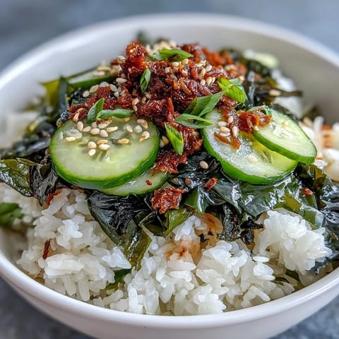 Vibrant Seaweed & Nori Rice Bowl with seasoned sushi rice, crisp cucumber, and toasted sesame seeds for an umami-rich vegetarian meal.